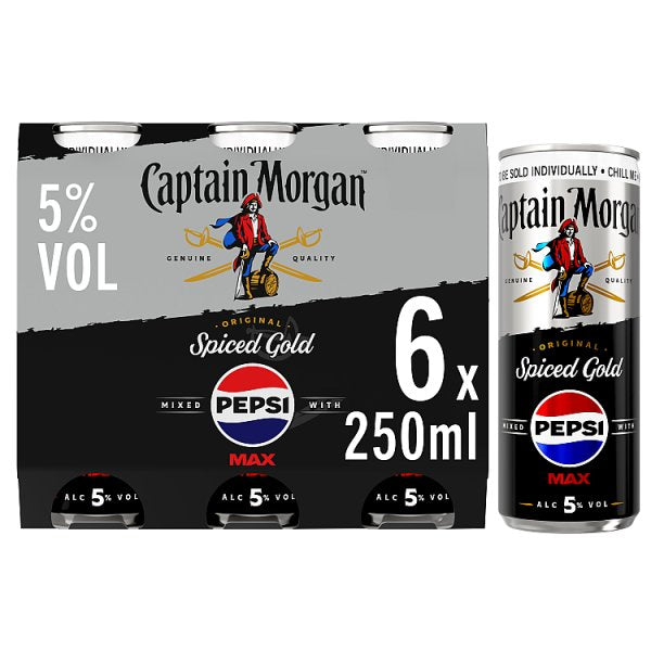 Captain Morgan Original Spiced Gold and Pepsi MAX® Premix 4x6x250ml 5% vol can Case of 4