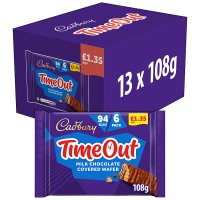 Cadbury Timeout Milk Chocolate Covered Wafer Biscuit Bars Muiltipack 108g (6 x 18g)(Case of 13)