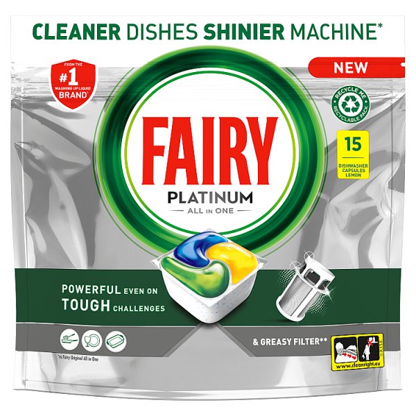Fairy Platinum All In One Dishwasher Tablets, Lemon, 15 Tablets Case of 6 Fairy