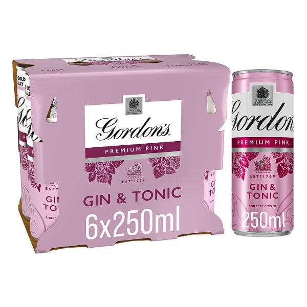 Gordon's Premium Pink Gin & Tonic Ready To Drink 5% vol 6x250ml Cans Case of 4