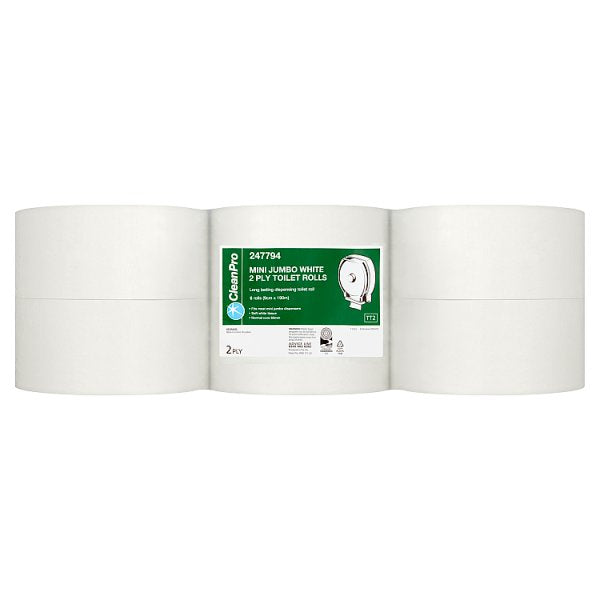 CleanPro Mini Jumbo White 2 Ply Case of 6 Toilet Rolls CleanPro