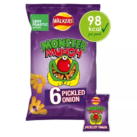 Walkers Monster Munch Pickled Onion Multipack Snacks 6x20g, Case of 18 Walkers