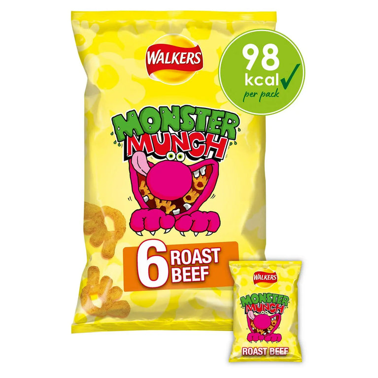 Walkers Monster Munch Roast Beef Multipack Snacks 6x20g, Case of 18 Walkers