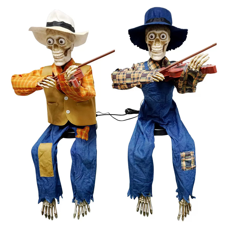 Halloween 3ft (1m) Pair of Animated Fiddler Skeletons with Lights & Sounds British Hypermarket-uk
