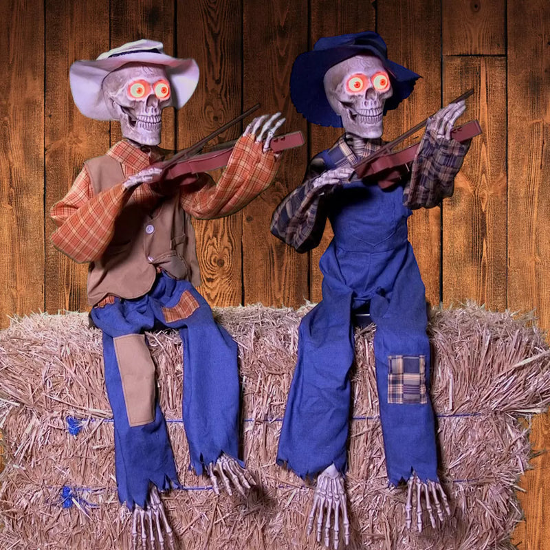 Halloween 3ft (1m) Pair of Animated Fiddler Skeletons with Lights & Sounds British Hypermarket-uk