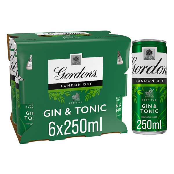 Gordon's London Dry Gin & Tonic Ready To Drink 5% vol 6x250ml Cans Case of 4