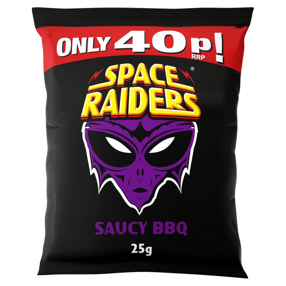 Space Raiders Saucy BBQ Flavour Cosmic Corn Snacks 25g [PM 35p ], Case of 36 Space Raiders