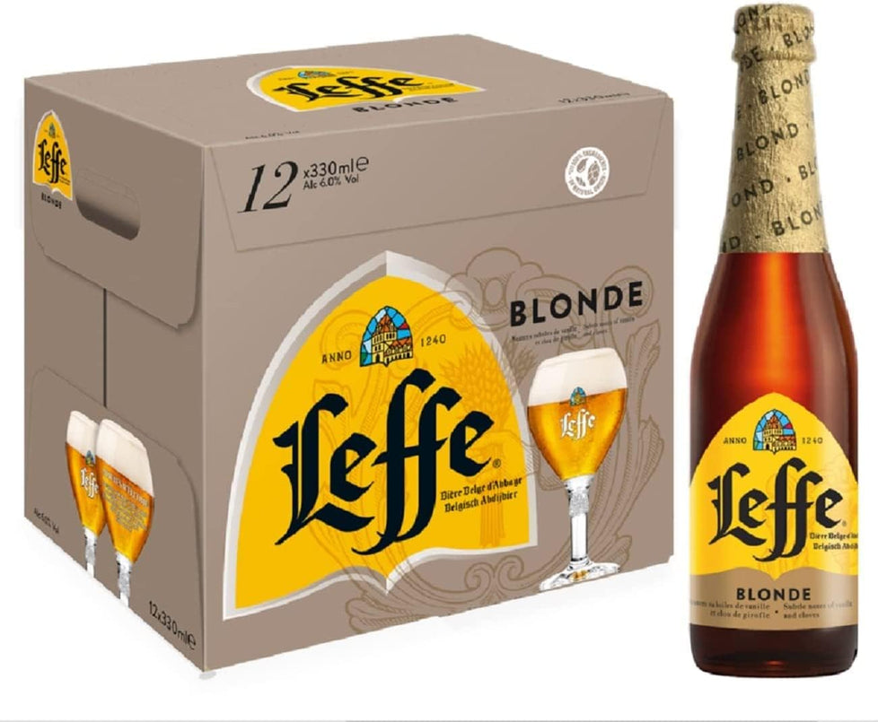 Leffe Blonde beer case, 12 x 330ml bottles, premium Belgian beer with rich malt flavor and a smooth finish.