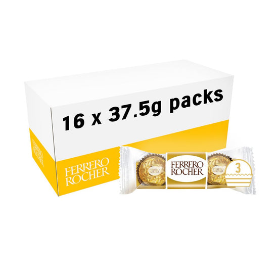 Ferrero Rocher Milk Chocolate Hazelnut Pralines Treat Pack 3 Pieces 37.5g, Case of 16 Ferrero Rocher