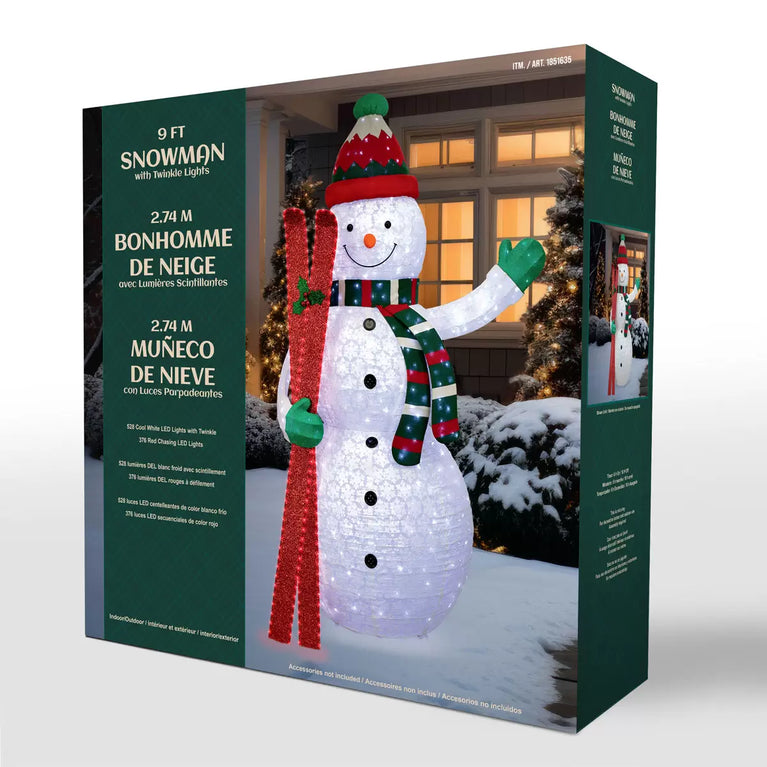 9 ft LED Twinkle Collapsible Snowman with Skis