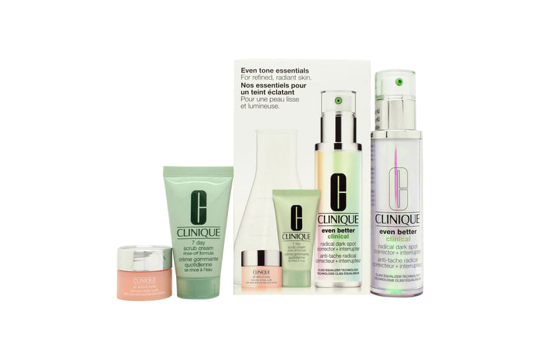 Clinique Even Tone Essentials Gift Set 50ml Even Better Clinical Radical Dark Spot Corrector + Interrupter + 30ml 7 Day Scrub Cream + 5ml All About Eyes Clinique