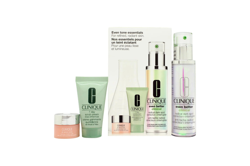 Clinique Even Tone Essentials Gift Set 50ml Even Better Clinical Radical Dark Spot Corrector + Interrupter + 30ml 7 Day Scrub Cream + 5ml All About Eyes Clinique