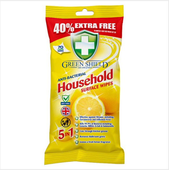 Green Shield Anti-Bacterial Household Surface Wipes 70 Large Wipes - Case of 12 Green Shield