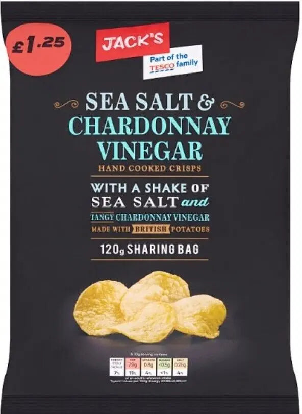 Jack's Sea Salt & Chardonnay Vinegar Hand Cooked Crisps 120g [PM £1.00 ], Case of 16 Jack's