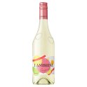 Bottle of Lambrini original sparkling perry wine with pouring glass and festive background