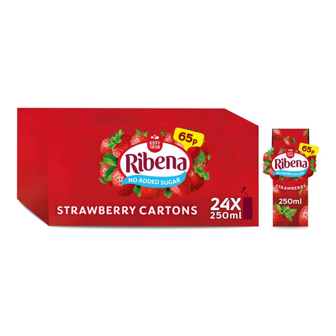 Ribena Strawberry Juice Drink 250ml PMP 65p [PM 65p ] No Sugar, Case of 24 Ribena