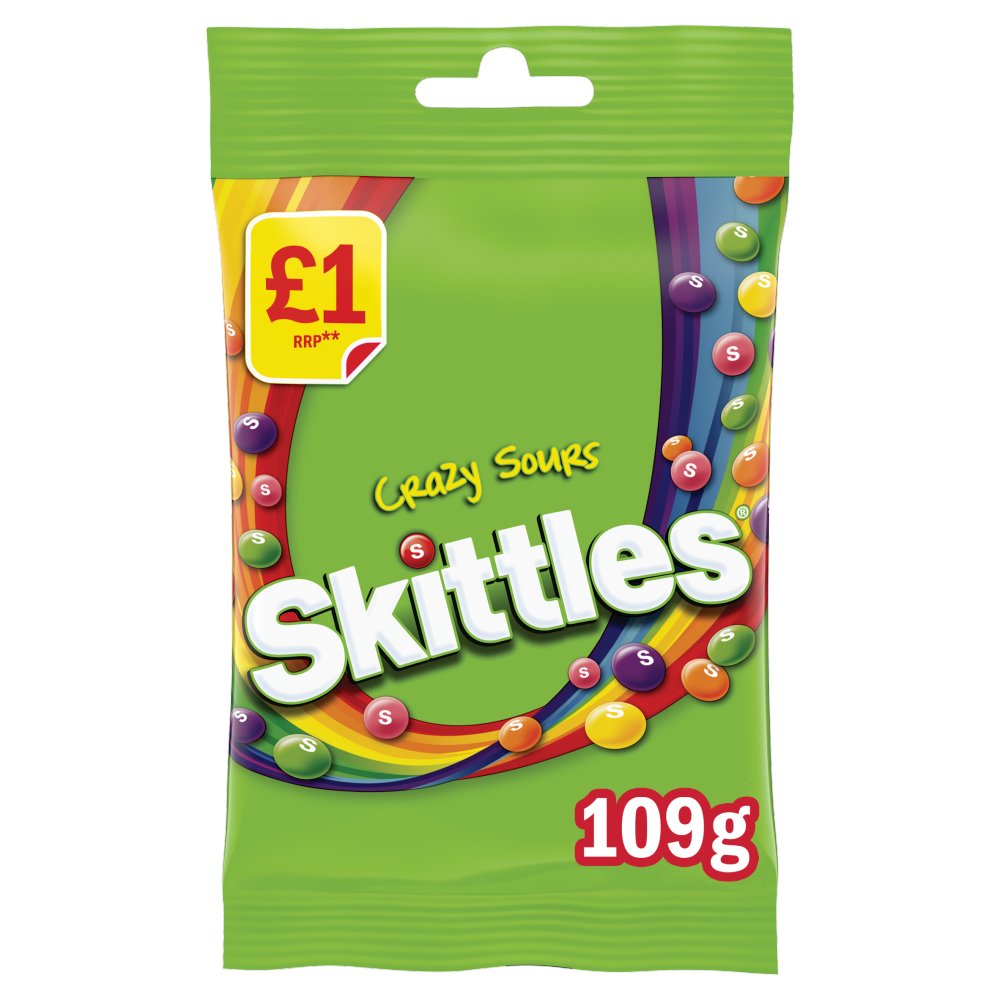 Skittles Vegan Chewy Crazy Sour Sweets Fruit Flavoured Treat Bag £1 PMP 109g 109g × 14 × 1