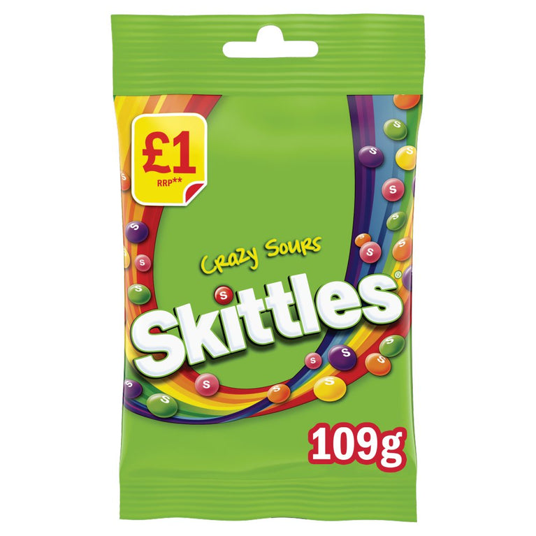 Skittles Vegan Chewy Crazy Sour Sweets Fruit Flavoured Treat Bag £1 PMP 109g 109g × 14 × 1