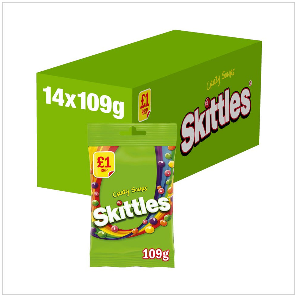Skittles Vegan Chewy Crazy Sour Sweets Fruit Flavoured Treat Bag £1 PMP 109g 109g × 14 × 1