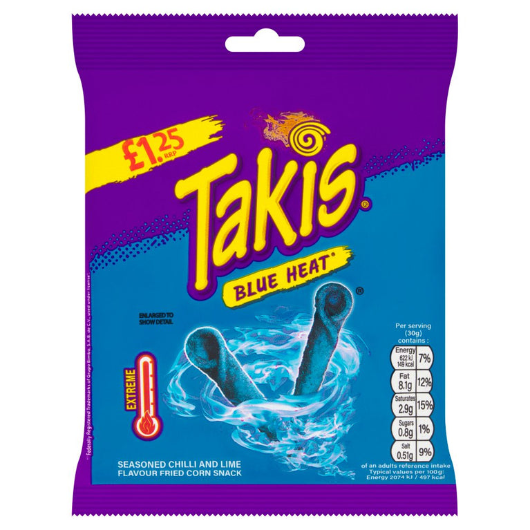 Takis Blue Heat Seasoned Chilli and Lime Flavour Fried Corn Snack 55g x 21