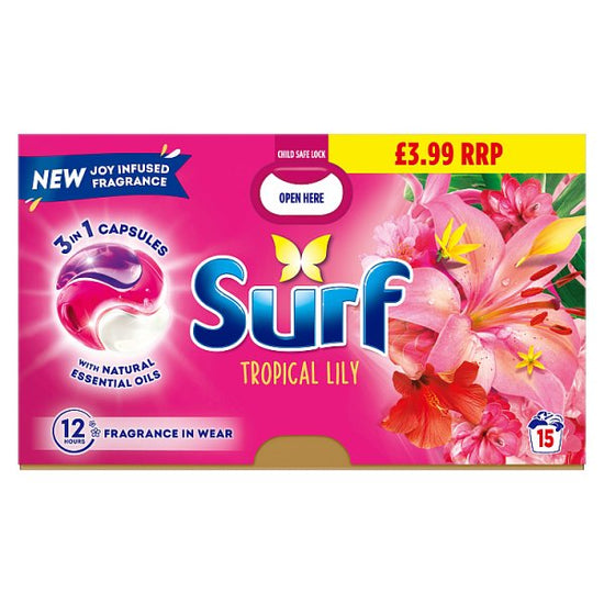 Surf 3 in 1 Laundry Washing Detergent Capsules Tropical Lily 15 washes Case of 4 Surf
