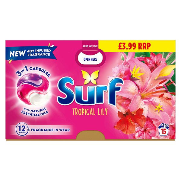 Surf 3 in 1 Laundry Washing Detergent Capsules Tropical Lily 15 washes Case of 4 Surf