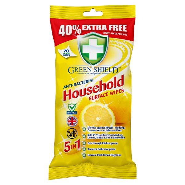 Green Shield Anti-Bacterial Household Surface Wipes 70 Large Wipes Case of 1 Green Shield