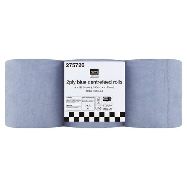 Chef's Essentials 2Ply Blue Centrefeed Rolls case of 6 Chef's Essentials
