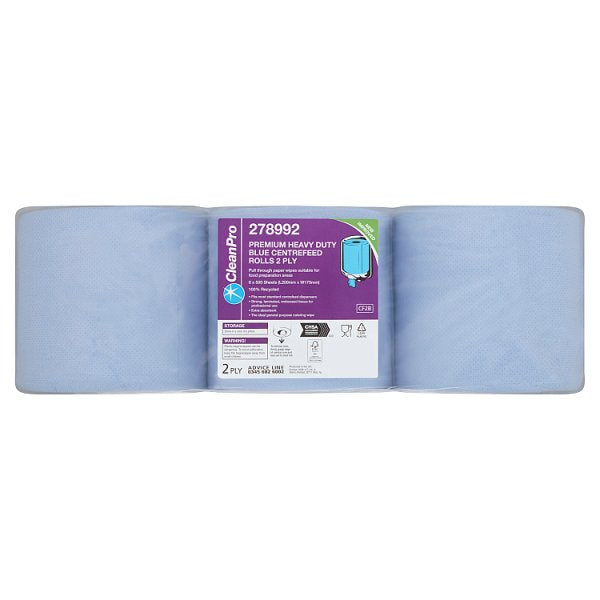 CleanPro Premium Heavy Duty Blue Centrefeed Rolls 2ply Case of 6 Rolls CleanPro