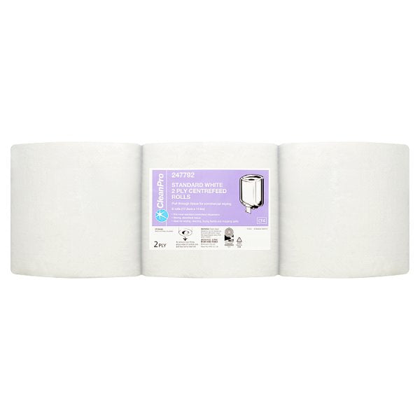 CleanPro Standard White 2 Ply Case of 6 Centrefeed Rolls CleanPro