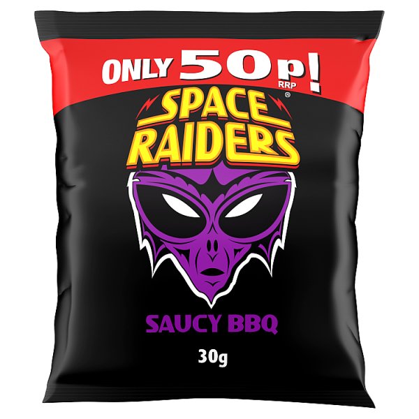 Space Raiders Saucy BBQ Crisps 30g, 50p PMP Case of 36