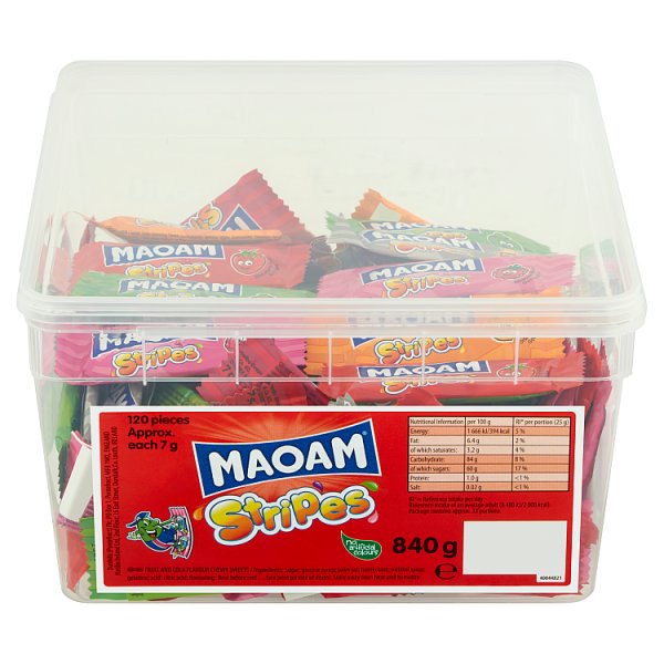 MAOAM Stripes Fruit & Cola Flavour Chewy Sweets Tub 840g Case of 1