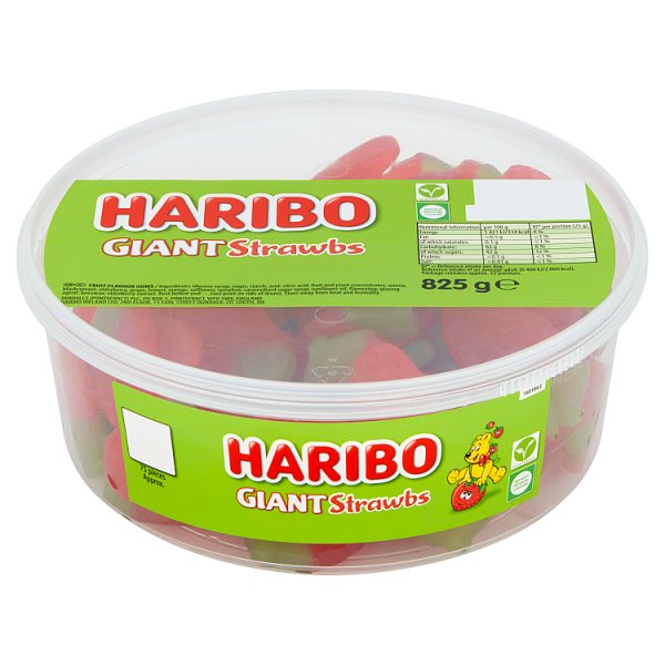 HARIBO Giant Strawbs Strawberry Flavour Chewy Jelly Sweets Tub 825g Case of 6