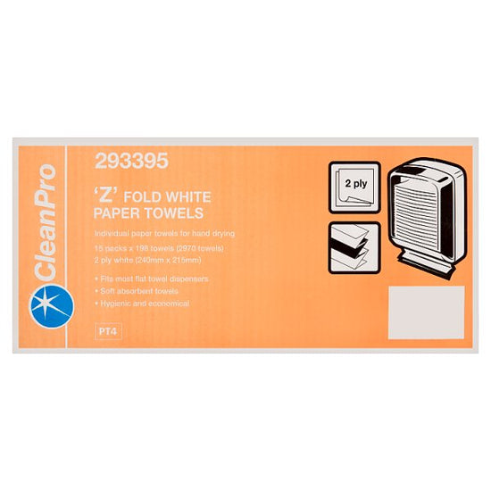 CleanPro 'Z' Fold White Paper Towels 2 Ply Case of 15 Packs 198 Towels CleanPro