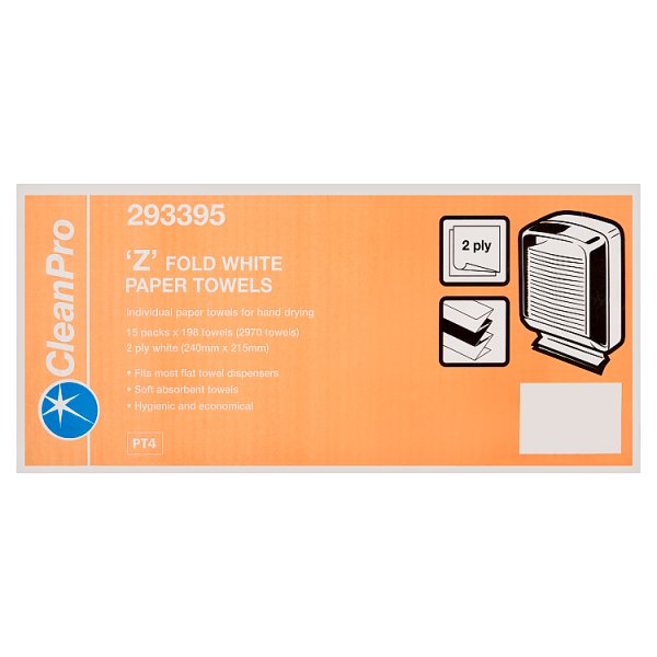 CleanPro 'Z' Fold White Paper Towels 2 Ply Case of 15 Packs 198 Towels CleanPro