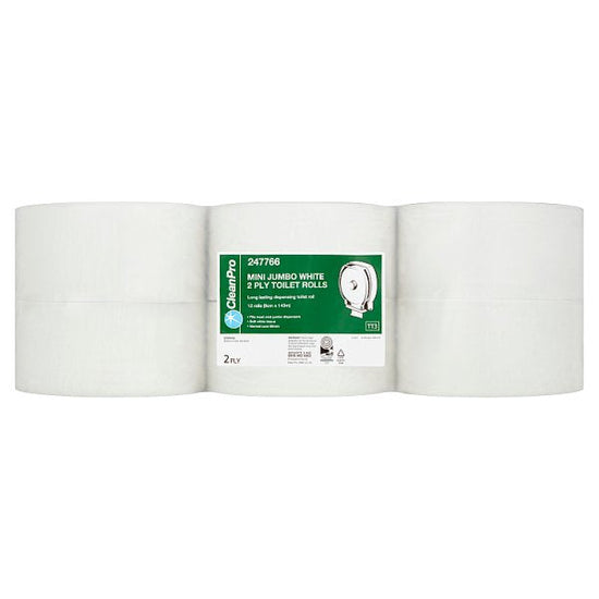 CleanPro Mini Jumbo White 2 Ply  CleanPro Mini Jumbo White 2 Ply Case of 12 Toilet Rolls CleanPro