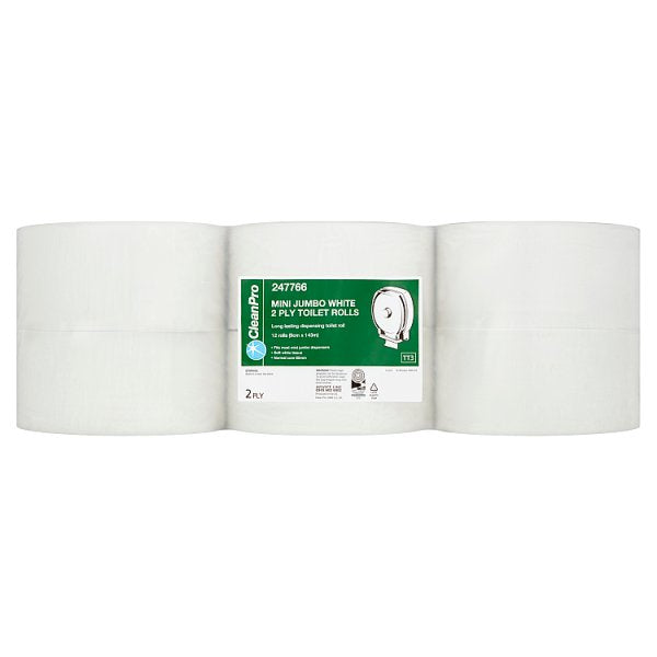 CleanPro Mini Jumbo White 2 Ply  CleanPro Mini Jumbo White 2 Ply Case of 12 Toilet Rolls CleanPro