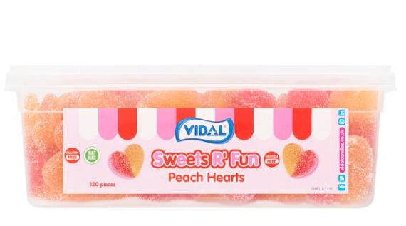 Vidal Sweets R' Fun Peach Hearts 120 Pieces 780g, Case of 6 Vidal