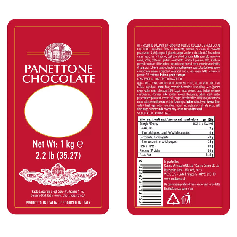 Lazzaroni Chiostro Di Saronno Chocolate Panettone, 1kg Panettone