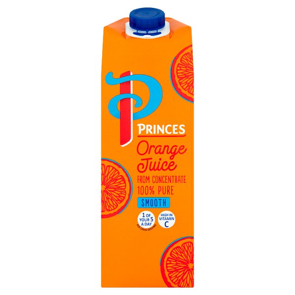 Princes 100% Pure Smooth Orange Juice from Concentrate 1 Litre, Case of 8 British Hypermarket-uk Princes