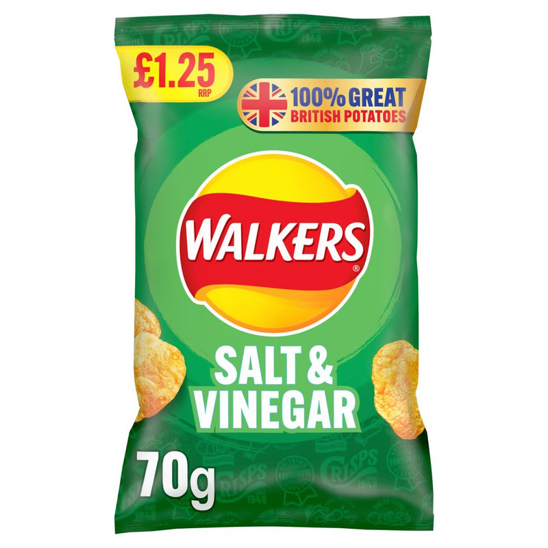 Walkers Salt & Vinegar Crisps 70g [PM £1.25 ], Case of 15 Walkers