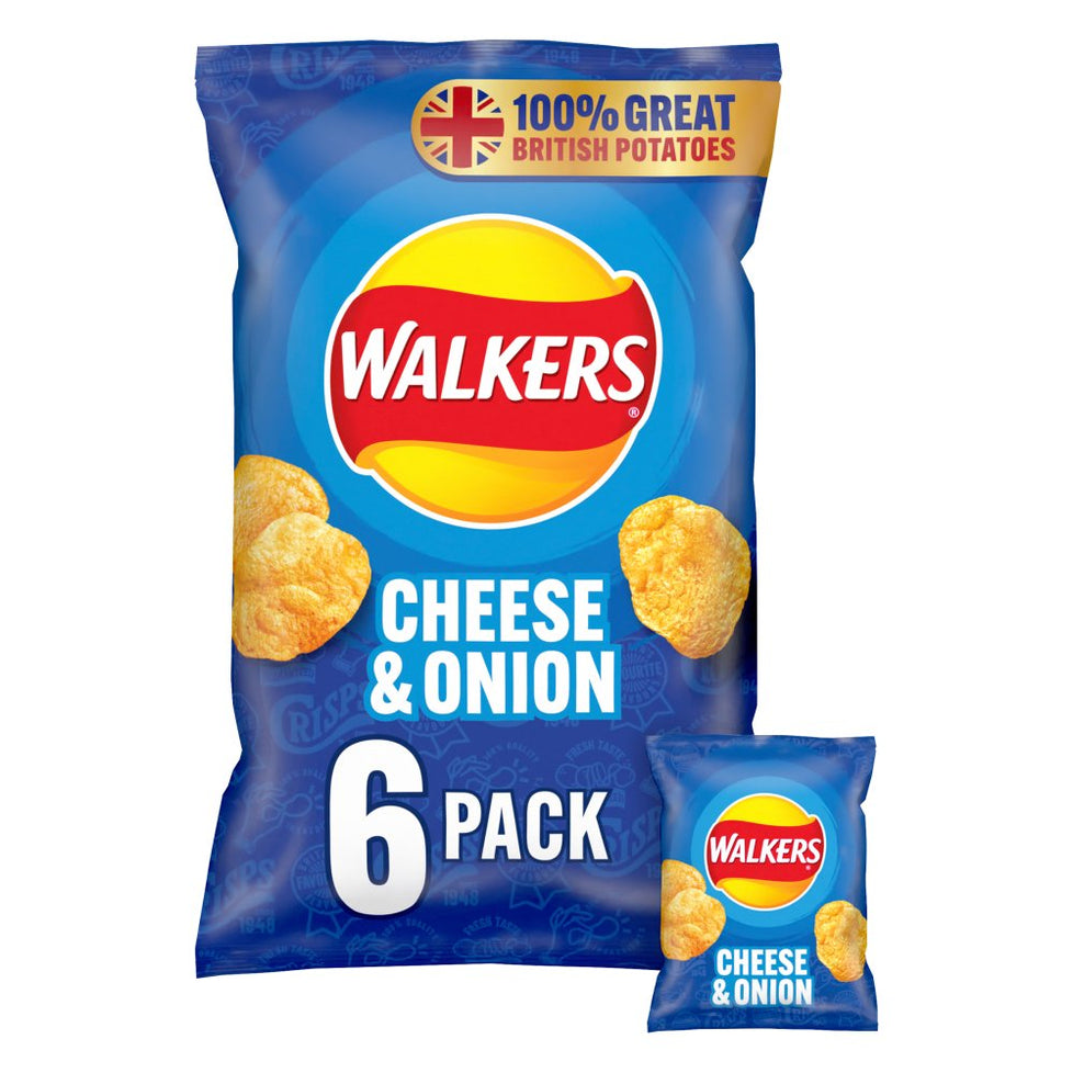 Walkers Cheese & Onion Multipack Crisps 6x25g, Case of 12 Walkers