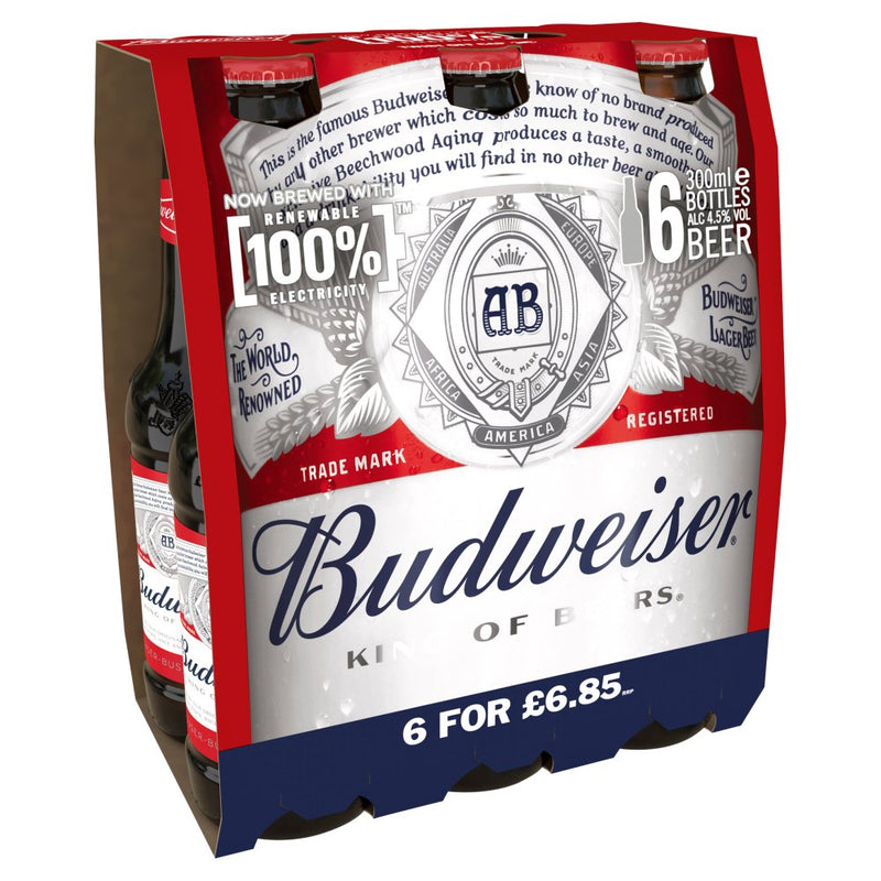Budweiser Lager Beer Bottles 6 x 300ml, case of 4 (PM £6.85) Budweiser