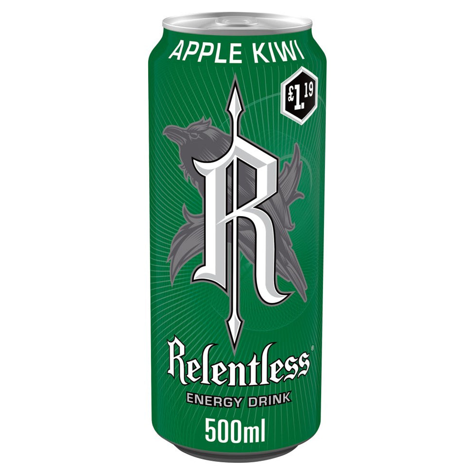 Relentless Apple & Kiwi Energy Drink PM [£1.19] 500ml, Case of 12 Relentless