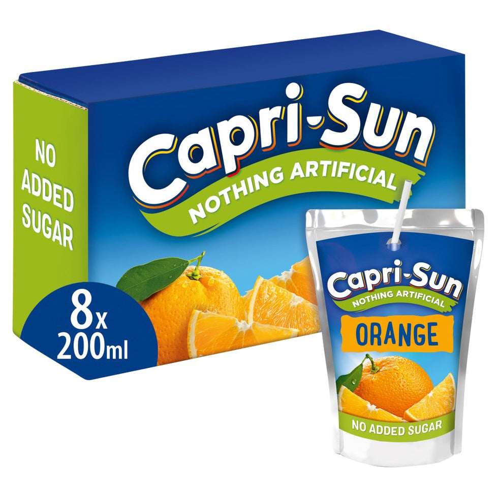 Capri-Sun Orange juice drinks, case of 4 x 200ml, refreshing fruit juice with a tangy orange flavor, perfect for kids and adults.