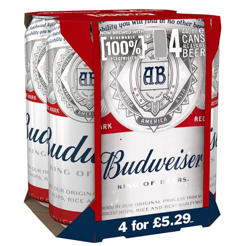Budweiser Lager Beer Cans 4 x 440ml [PM £5.29 ] Case of 6 Budweiser