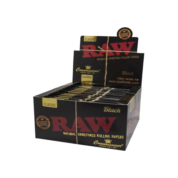 24 Raw Black Classic King Size Slim Connoisseur Rolling Papers + Tips Raw