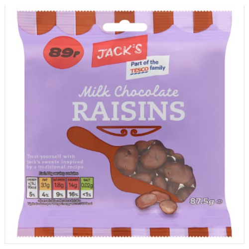 Jack's Milk Chocolate Raisins 87.5g [PM 89p ], Case of 12 Happy Shopper