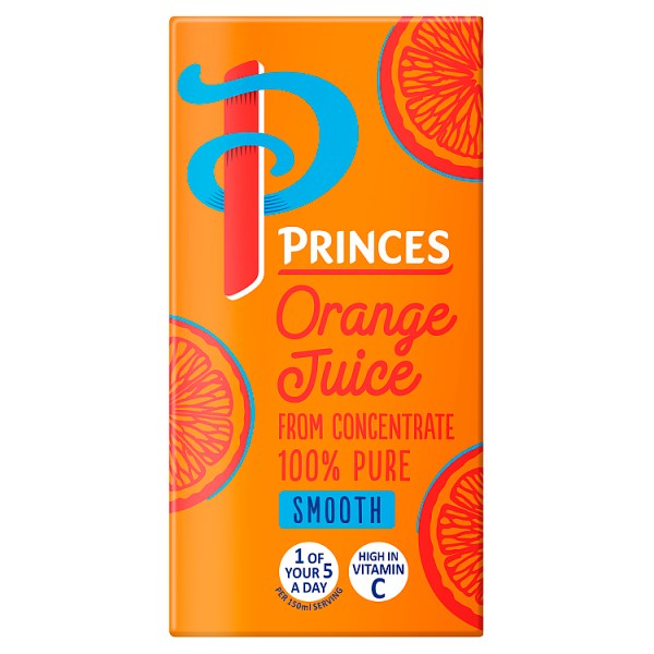 Princes 100% Pure Orange Juice from Concentrate Smooth 200ml, Case of 27 Princes