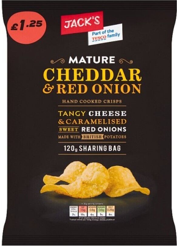Jack's Mature Cheddar & Red Onion Hand Cooked Crips 120g [PM £1.25 ], Case of 16 Jack's